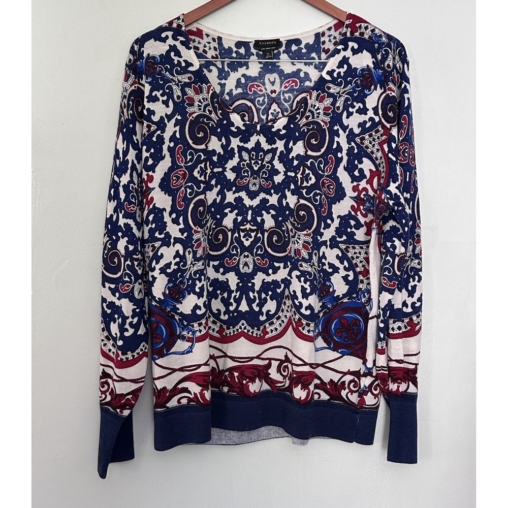 Talbots Merino Wool Sweater XL‎ Blue Burgundy Paisley Scroll Print Knit Pullover